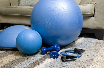 Gym balls, balance balls, dumbbells and resistance bands all ready to use at home